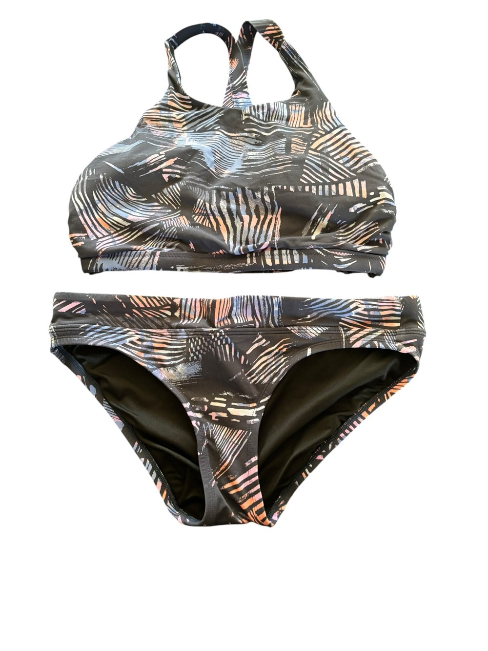 Title Nine High Neck Criss Cross Bikini Set Sz XS Geometric Print Navy Pink